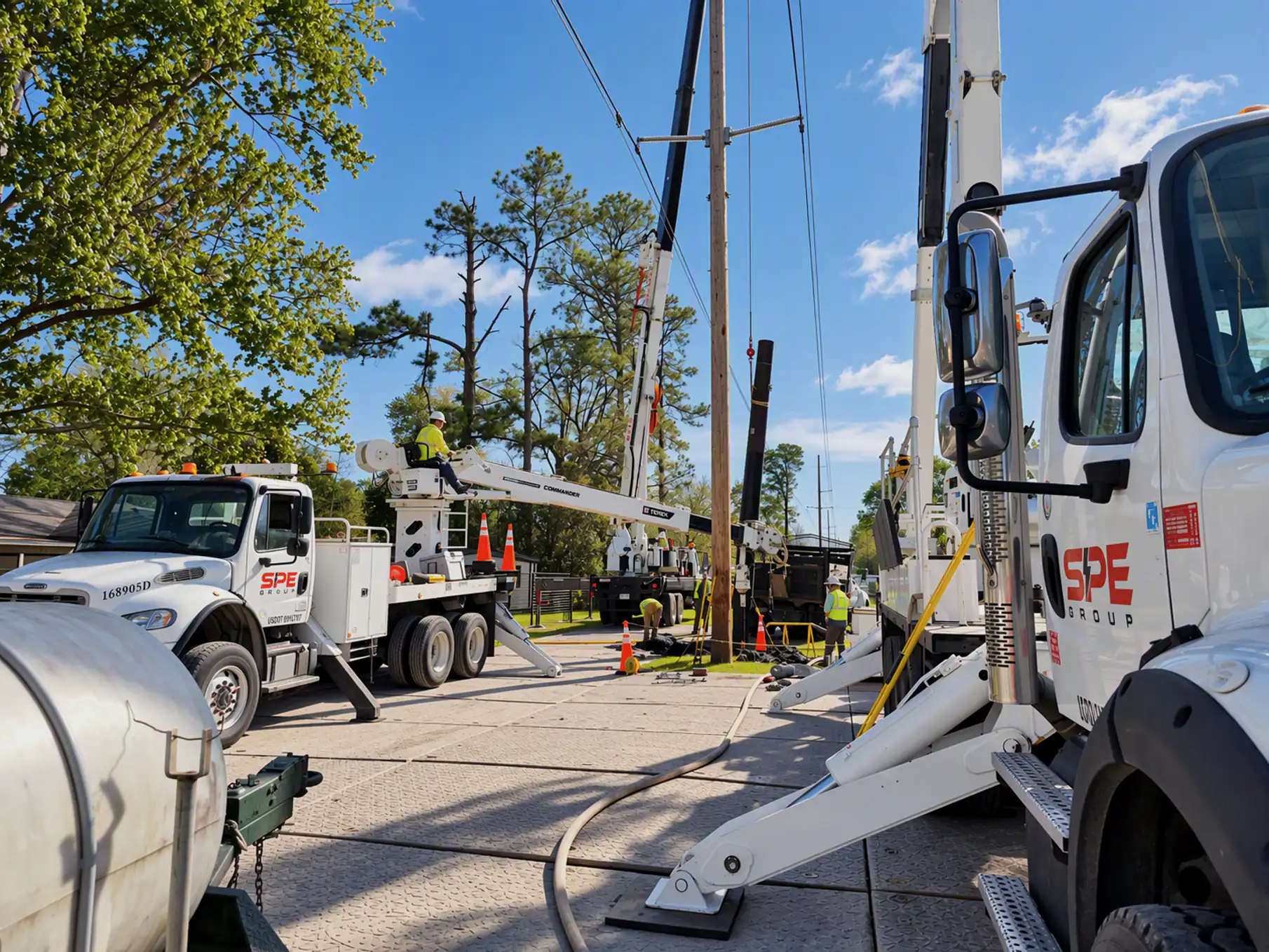 SPE digger derrick and crew setting a utility pole